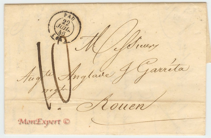France stampless cover 1846 Pau to Rouen - Text * cover239
