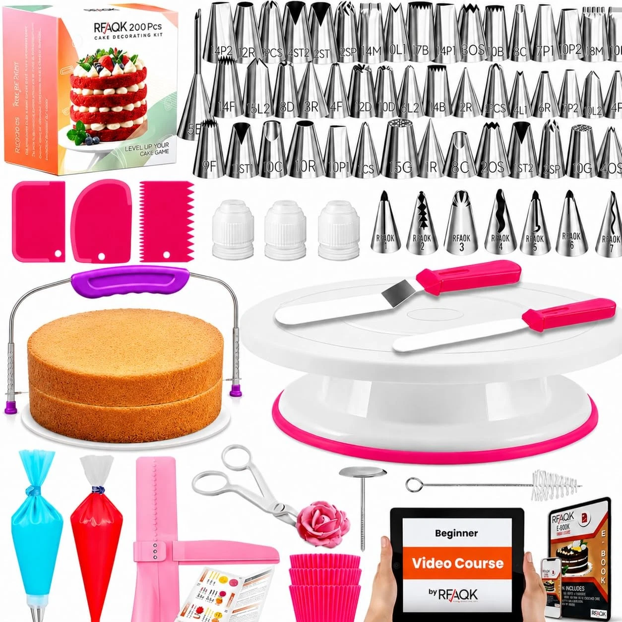 RFAQK 200PCs Cake Decorating Kit with Cake Turntable & Leveler, Baking Suppli...