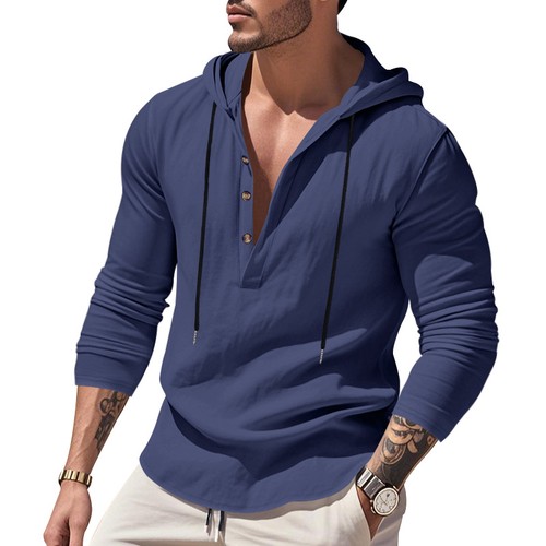 Camisa informal de lino para hombre color liso con capucha - Imagen 7 de 30