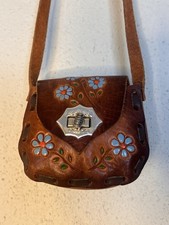 Vintage Tooled Leather Blue Flowers Small Handmade Child's Shoulder Purse Mexico