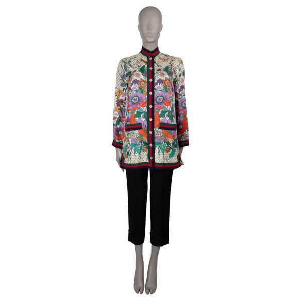 73743 Auth GUCCI Cream Multi Silk 2018 FLORAL POLKA DOT PYJAMA Shirt 40 S