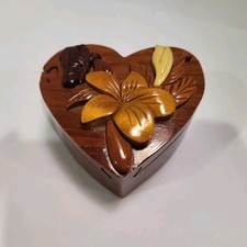 Wooden Puzzle Trinket Keepsake Box with Hidden Compartment Carved Inlay Flowers