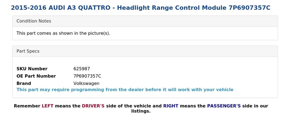 AUDI A3 QUATTRO 2015-2016 - Módulo de control de rango de faros 7P6907357C Foto 4 de 4