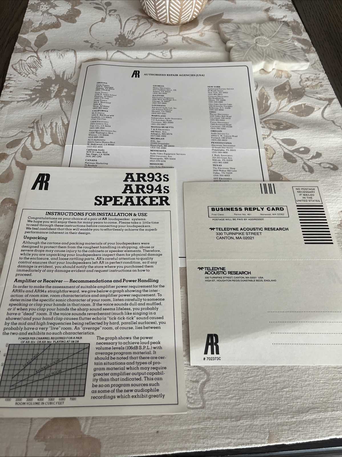 Acoustic Research Speaker Owners Manual AR93s AR94s