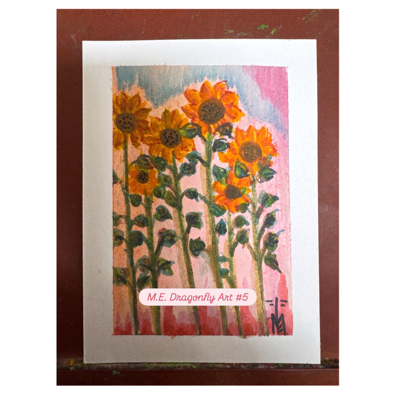 M.E. Dragonfly Art #5 Signed Original Sunflowers watercolor Painting ATC ACEO 