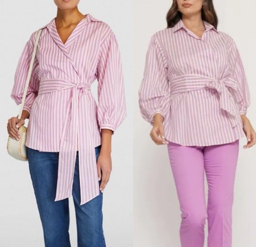 Weekend Max Mara Striped Cotton Silk Faux Wrap Blouse Size 14 Pink Lavender  - Picture 2 of 8