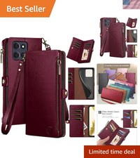 Luxury Wine Red Leather Wallet Case for Moto G Power 2026/2025 with Wrist Strap