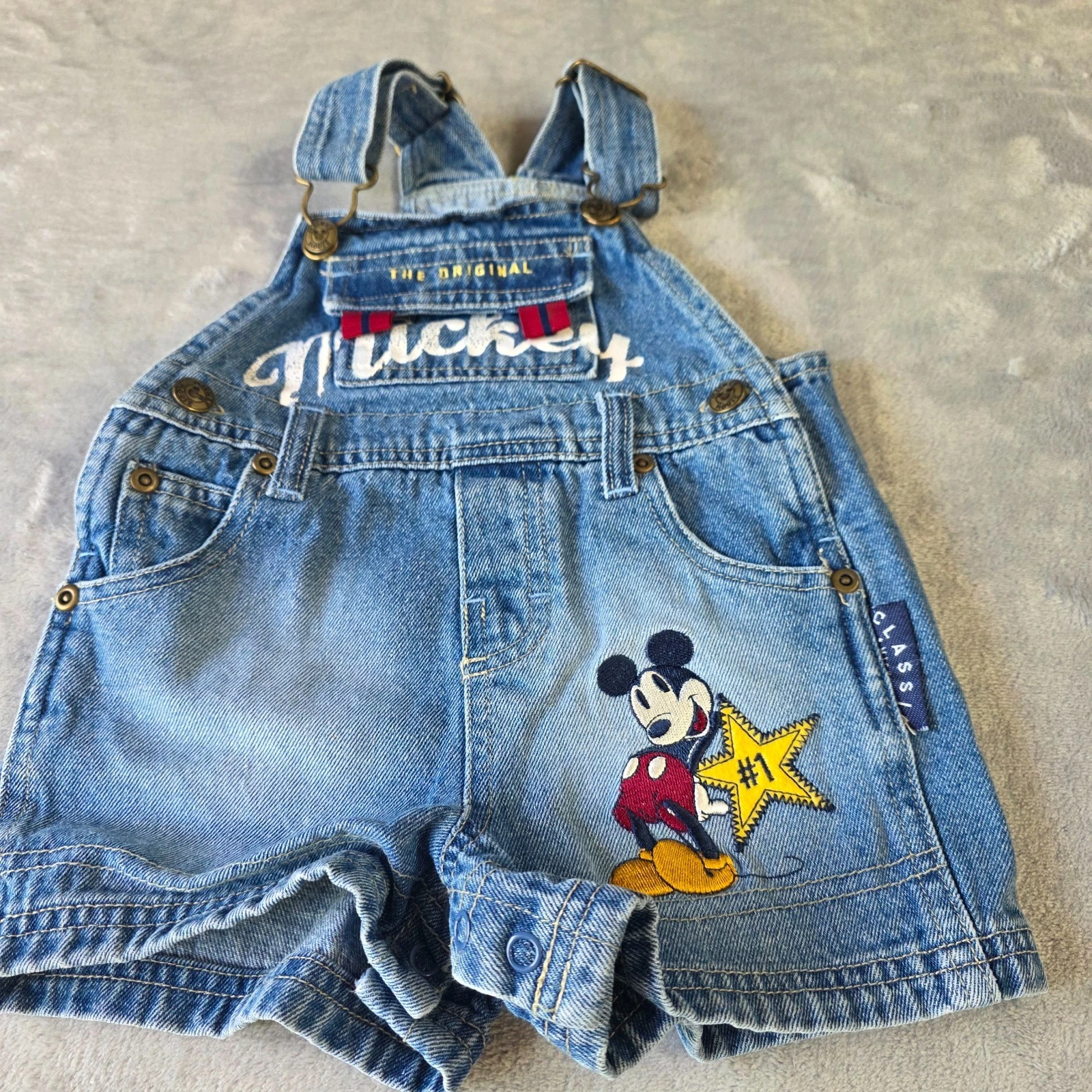 RARE Y2K Original Mickey Mouse Embroider Denim Shortalls SZ 12M Embroidered Logo