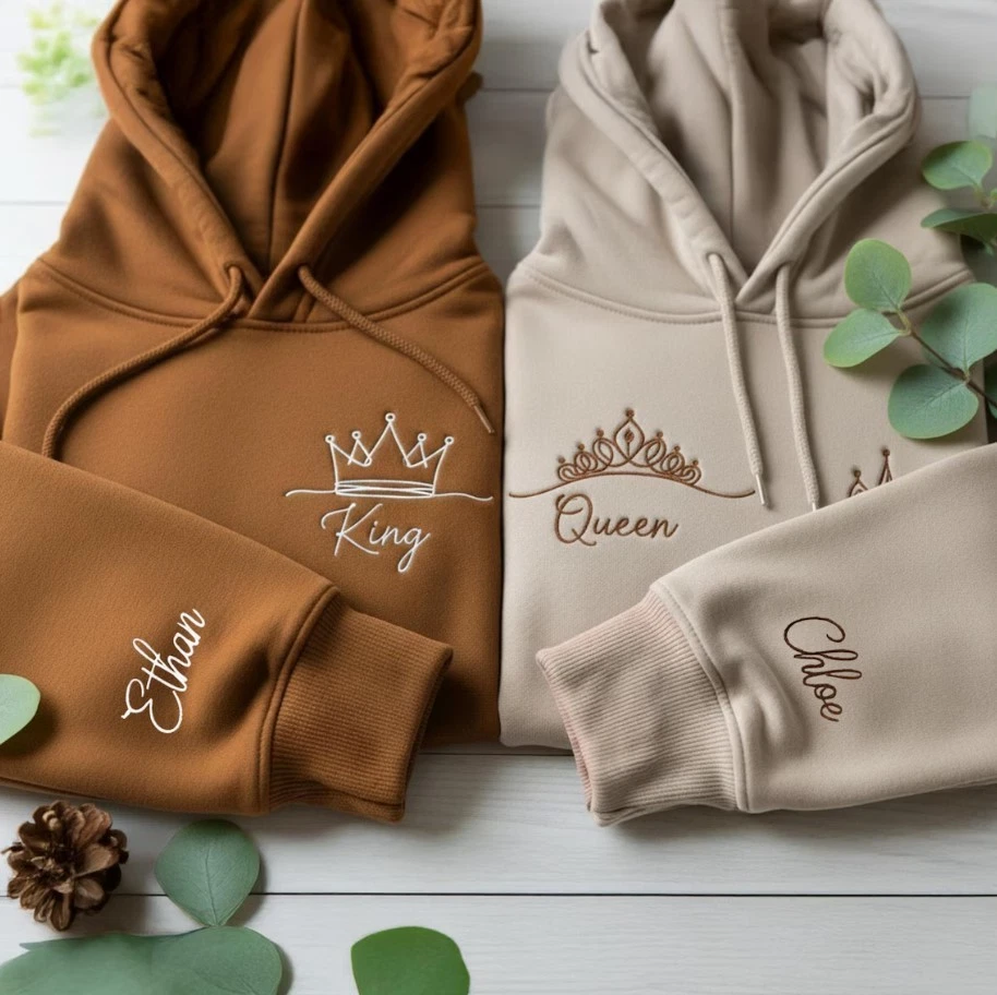 Embroidered King and Queen Couples Hoodies, Custom Embroidered Hoodie