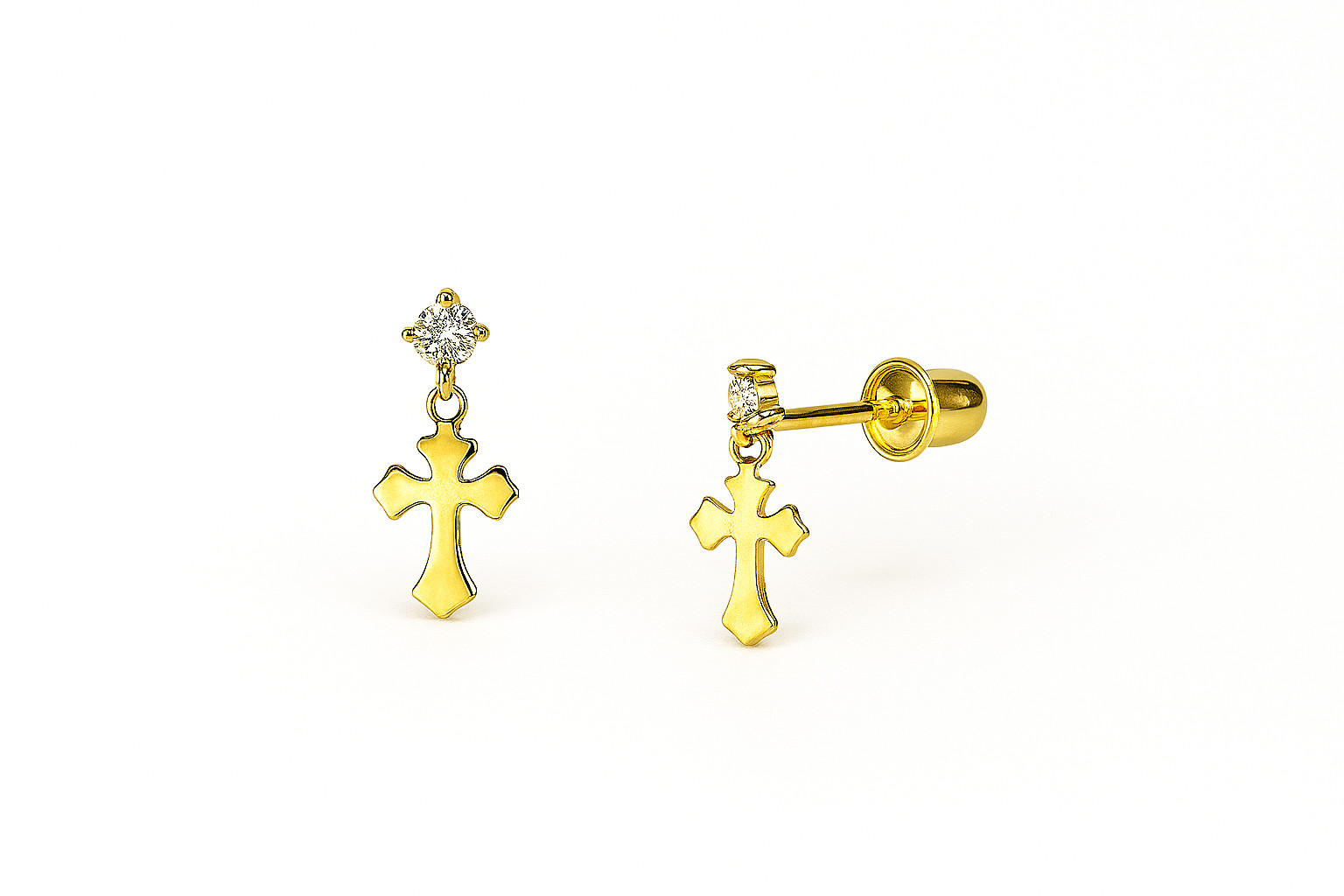 14K Yellow Gold Religious CZ Cross Stud Screw Back Earrings for Girls Womens