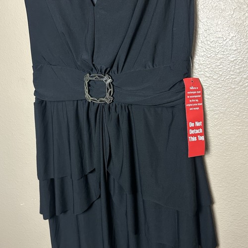 JSP Black Ruffled Dress Womans Size 14 Deep Plunge Metal Belted Knee Length LBD - Picture 5 of 9