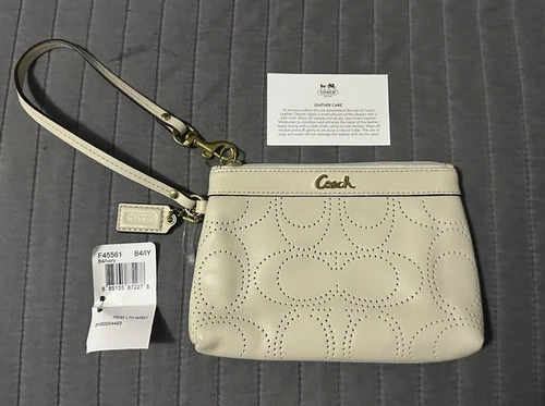 COACH Autentico Portamonete da Polso Firmato Traforato Pelle Avorio F45561