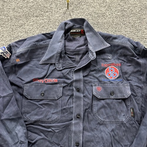Ariat Shirt Mens XL-Tall Navy Blue FR ExxonMobil Embroidered Workwear Button Up