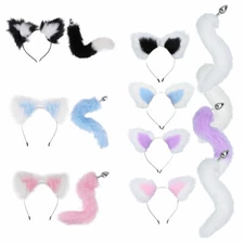 2 Set Animal Ears Headband Plush Faux Fur Headdress&Metal Tail Plug Cosplay Toys