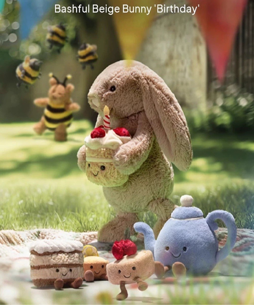 新品タグ付きBashful Beige Bunny ‘Birthday’ Bashful Beige Bunny 'Birthday' 23cm Doll ToyJellycatDoll