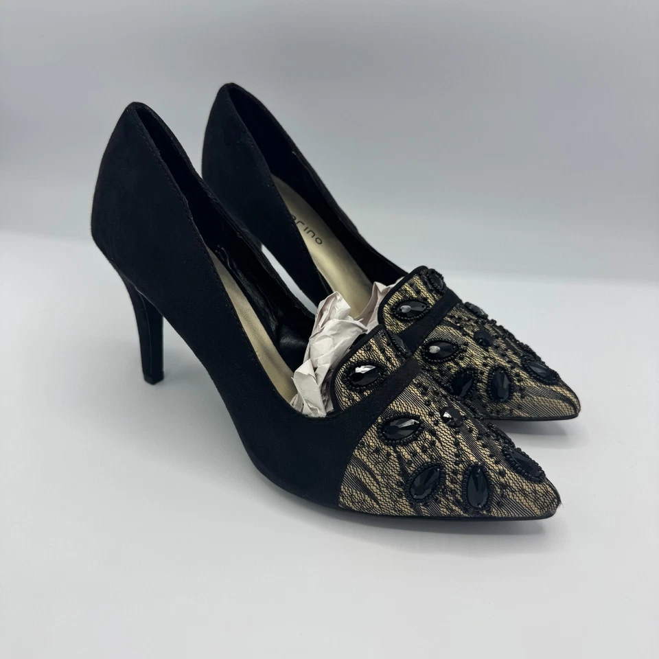 Ann Marino Damas BOMBAS NEGRAS DE ENCAJE CON JOYAS TACONES Punta puntiaguda Negro Gamuza Talla 8 Foto 3 de 4