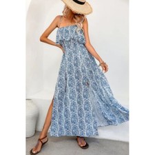 Cupshe Boho Paisley Blue white Reffle Overlay Maxi Dress Size Small
