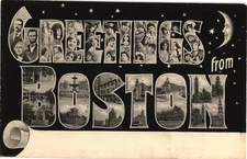 Greetings from Boston Crescent Moon with Face MA Unused Postcard c1905