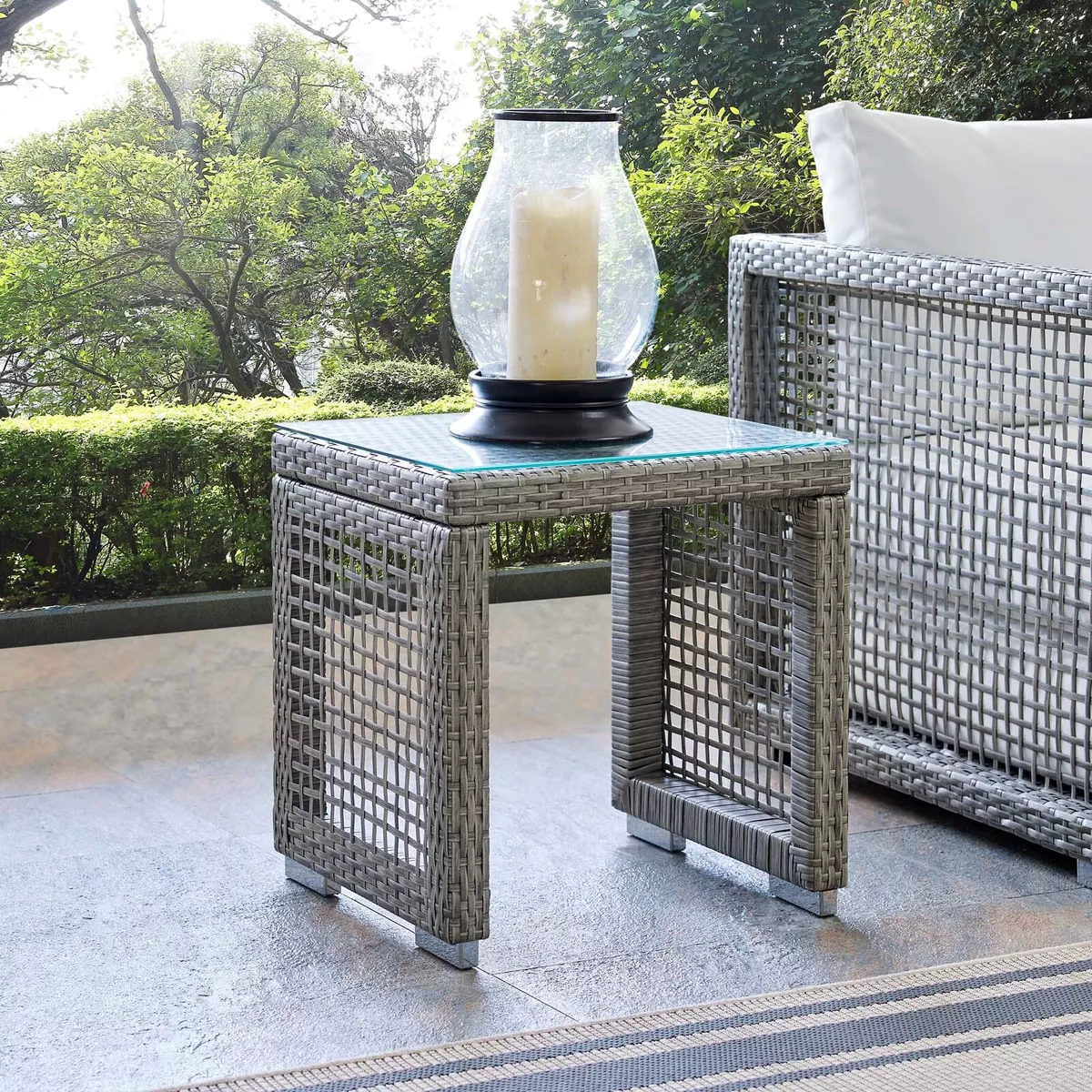 Modway Outdoor Patio Furniture Wicker Rattan Glass Top Square Side