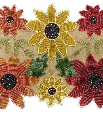 Fall Sunflowers Handcrafted Beaded Table Runner - Yellow, Red , Orange - New 