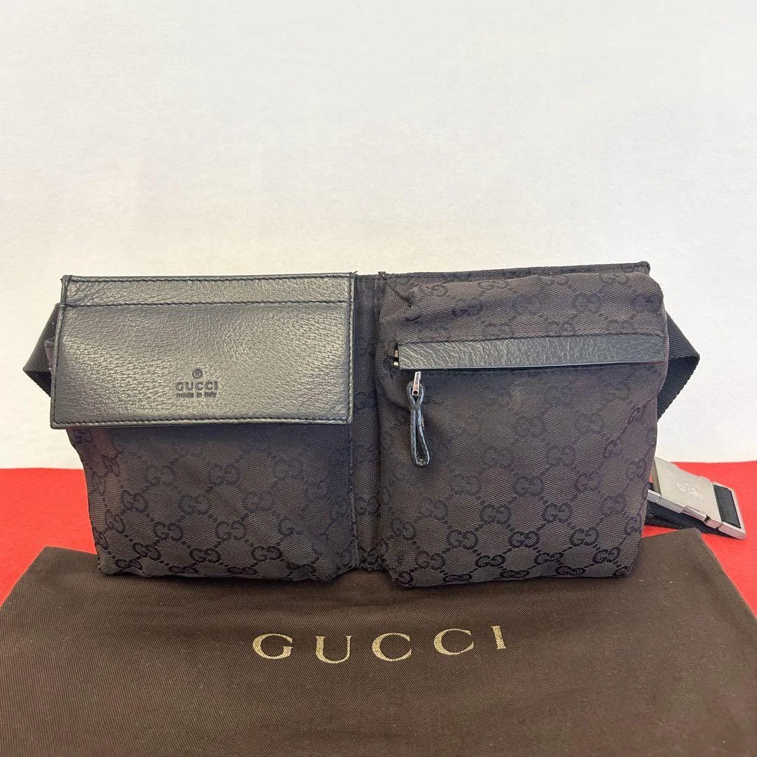 Gucci GG Sac Toile Taille Pochette Body Bag Épaule Noir Marron Argent Quincaillerie