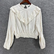 Wild Fable Cropped Blouse Women XL White Crew Neck Long Sleeve Embroidered Rayon