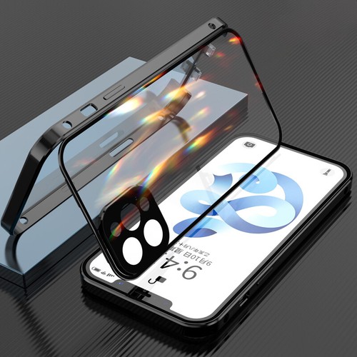 360° Metal Double-Sided Glass Case For iPhone 15 14 Pro Max 13 12 Buckle Cover - Picture 12 of 17