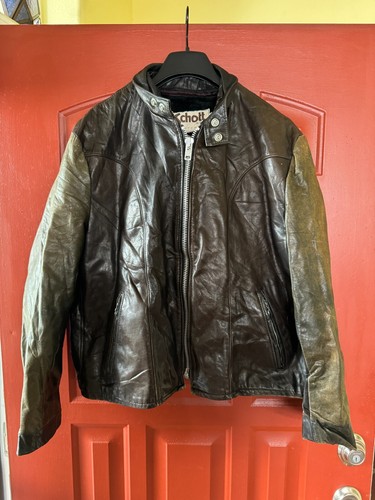 SCHOTT NYC LEATHER JACKET W/ ZIP OUT LINER 25.5x28" (SZ 50) BROWN / GREEN COLOR