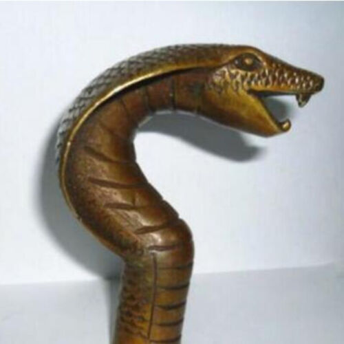 Copper Statue China Old Bronze Hand Carved Cobra Statue Cane Walking Stick Head - Picture 1 of 4