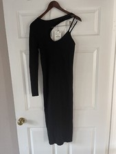 Zara Womens Cut-Out Knit Dress M Black Midi Fitted Stretch NWT
