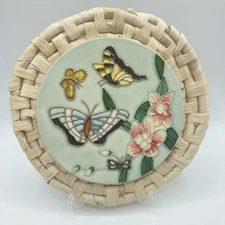 Vtg Butterfly Floral Embossed Ceramic Tile Rattan Trivet Wall Plaque Art 8.5"