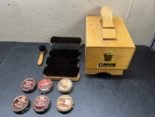 Esquire Shoe Valet  OAK Shoe Shine Polish Box & 6 GOOD Horse Hair Brushes ￼