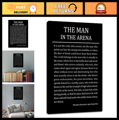 Inspirational Motivational Canvas Wall Art - The Man In The Arena, Positive Quot