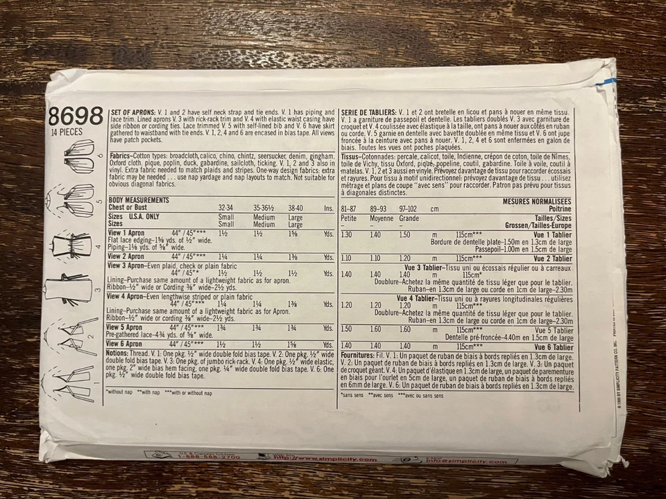 Simplicity 8698 UNCUT Sewing Pattern, Misses' Set of Aprons - Image 2 of 2