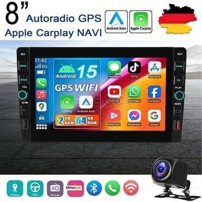 2DIN 8 Zoll Android 15 2G+64GB Autoradio Apple Carplay GPS NAVI WIFI RDS +Kamera