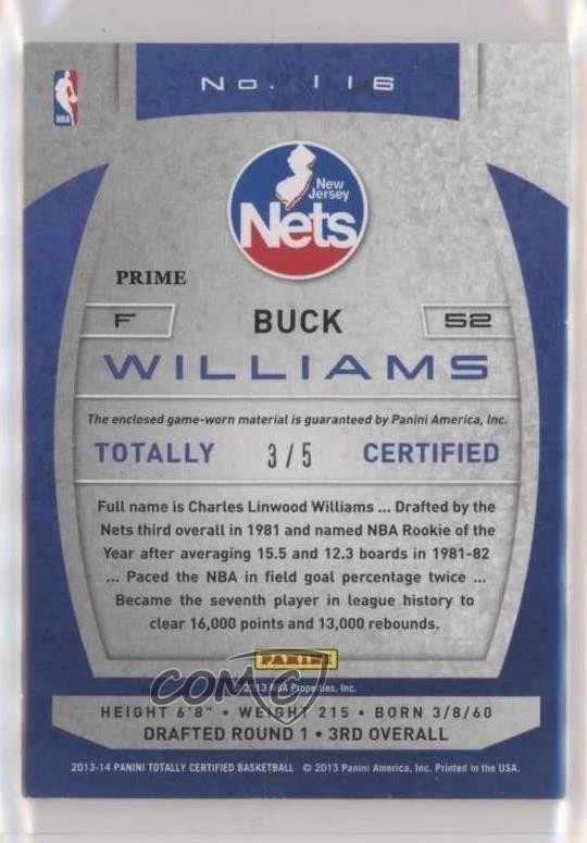 2013-14 Totally Certified Memorabilia Totally Green Prime /5 Buck Williams #116 - Image 2 of 2