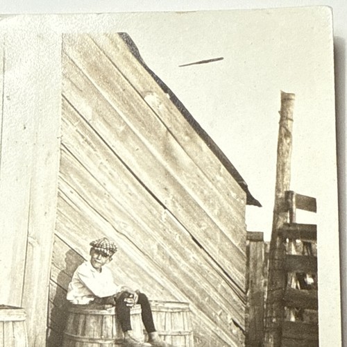 Boys Sitting on Barrels Barn Cowboy Hats Hay Vtg 1920s Photo Calvin and George - Picture 8 of 9