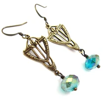 Long Crystal Earrings Art Deco Style Antiqued Brass Nouveau Edwardian Tudor Gift