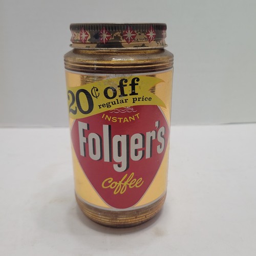Vtg Folger's Instant Coffee 6oz Glass Jar Metal Lid With Label 1956 Copyright