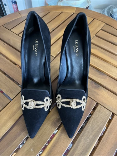 New LK Bennett London Black Suede Pumps With Gold Ribbon Size 9/EU 40 Spain