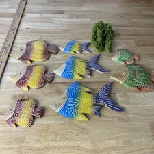 Tropical Fish Wall Decor Set 8 Pcs Coastal Decor Wood Hanging Nautical Decor Net