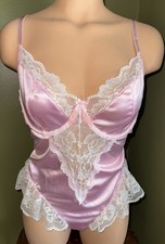 Glossy Pink Satin & Lace Sheer Mesh Thong Back Teddy Bodysuit Lingerie XL NEW