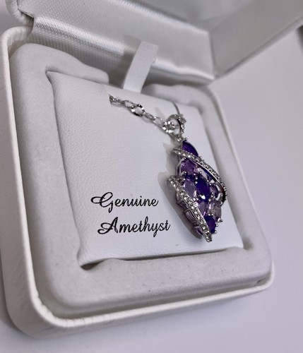 Sterling Silver Amethyst & Lab-Created White Sapphire Cluster Pendant Necklace - Picture 3 of 11