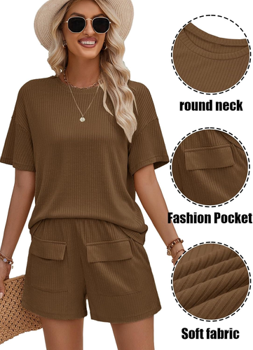 Completo Donna Estivo 2 Pezzi Casual Set Pantaloncini Con Tasche E Maniche Corte - Foto 5 di 12