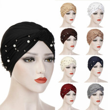 Women's Turban Hat Beaded Pearls Muslim Wrap Cover Chemo Cap Elastic Bandanna