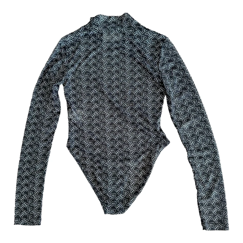 FILA Womens Gaganga Sheer Bodysuit Black White Logo Long Sleeve High Neck XS - Image 4 of 4