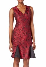 B Michael ~ Red & Black Jacquard V-Neck Flounce Party Dress 2 NEW $275