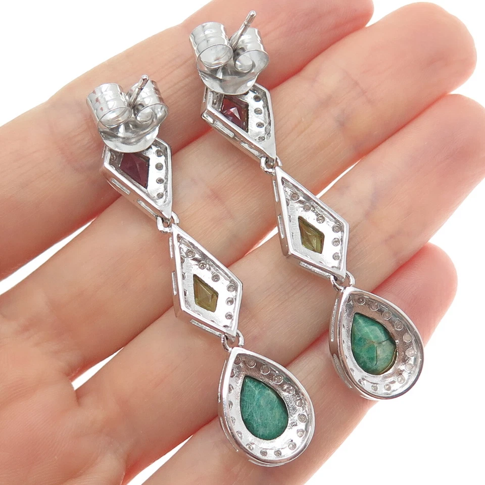 925 Sterling Silver Real Diamond Emerald Amethyst & Peridot Dangle Earrings - Image 2 of 4