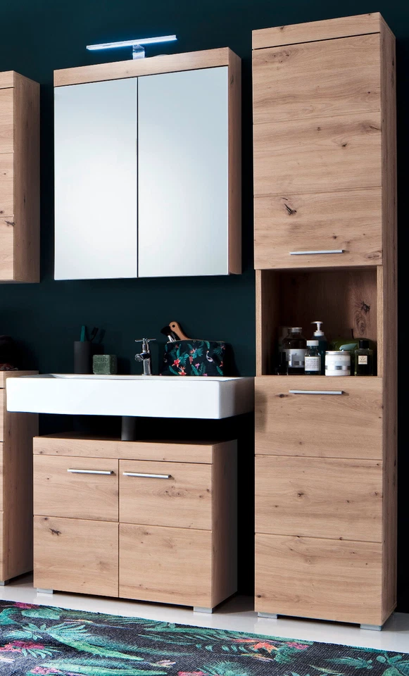 Bad Möbel Set Badezimmer Asteiche mit Spiegelschrank Hochschrank Kommode Amanda