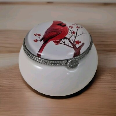 Silver tone hinged, round, ceramic, white with painted Cardinal trinket box